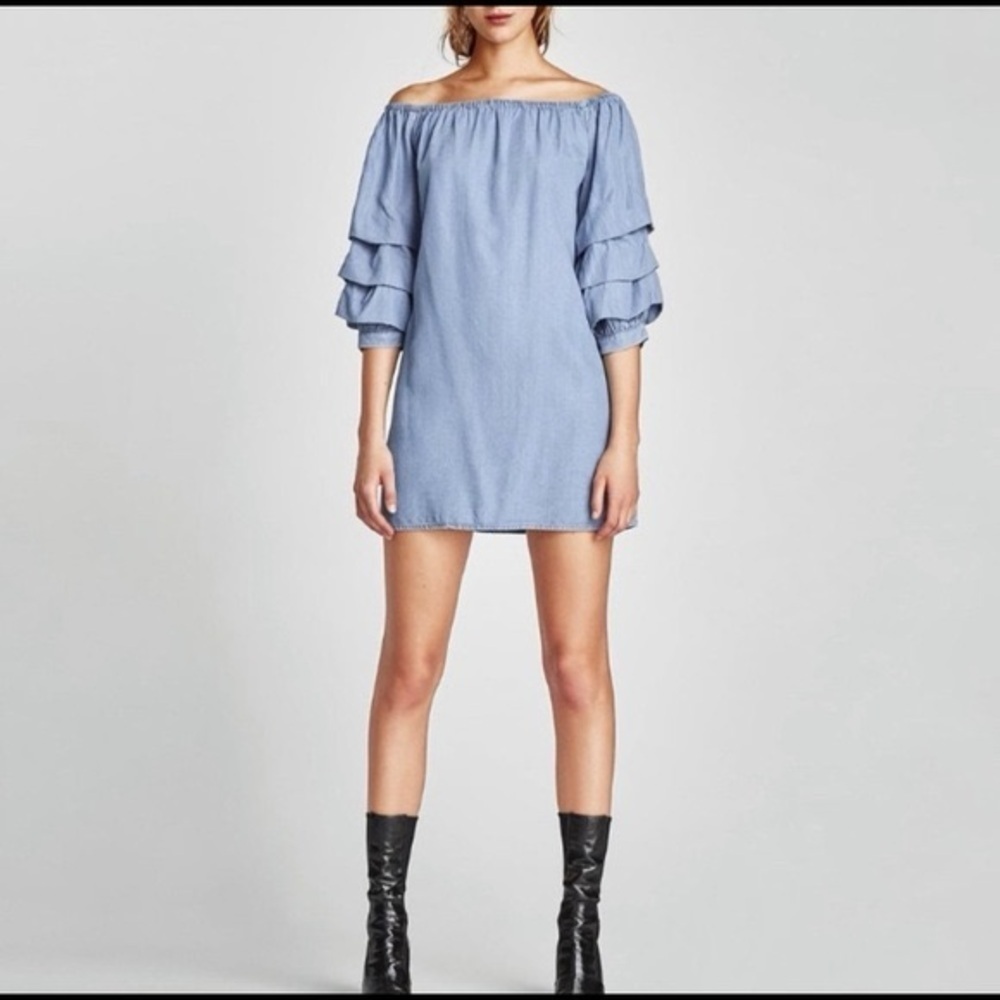 Zara Blue Solid Off Shoulder Sheath Dress Lyocell Size Small